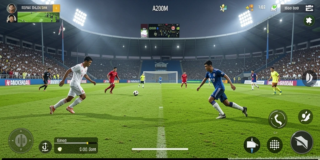 Tampilan gameplay A200M yang seru dan menegangkan saat bertanding sepak bola.