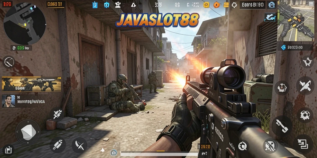 Screenshot gameplay <strong>JAVASLOT88</strong> yang menampilkan aksi tembak-menembak yang intens.