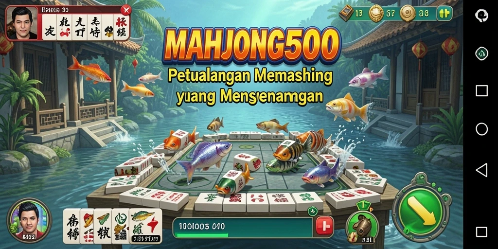 Tampilan gameplay <strong>MAHJONG500</strong> yang menarik saat memancing ikan di danau.