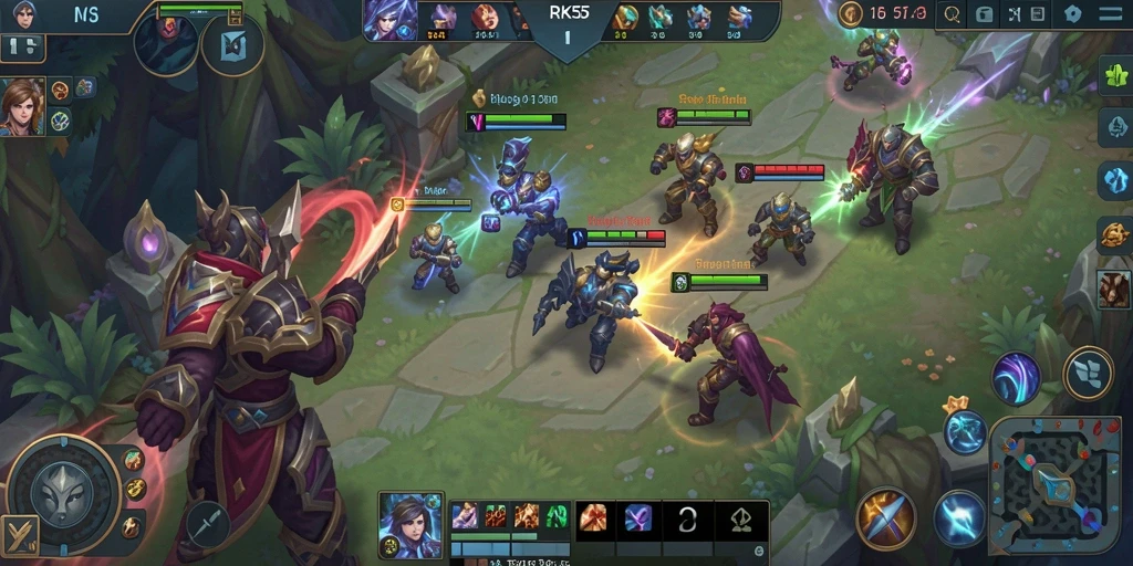 Screenshot gameplay RK55 menunjukkan aksi MOBA yang mendebarkan.